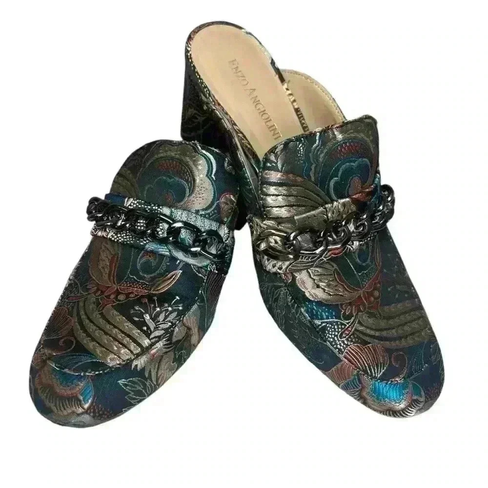 Enzo Angiolini EP Gilian Mules Paisley Brocade Boho Slip On Artsy Heels Size 6.5